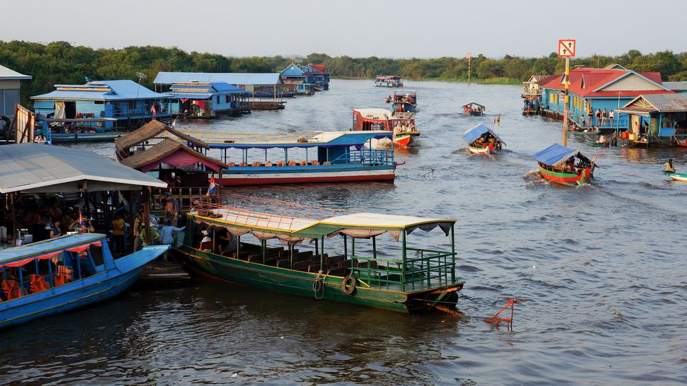 A view down the river of the Chong Kneas floating village in Siem Reap