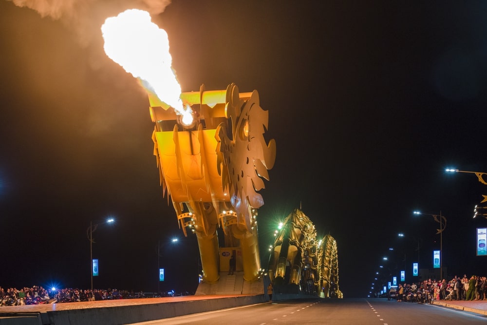 The dragon making fire on the Dragon Bridge, a famous bridge in Da Nang